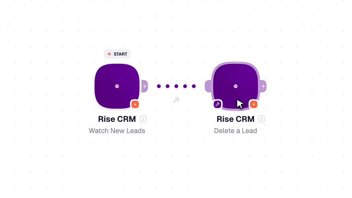Rise CRM workflow on the canvas: Watch New Leads then Delete a Lead