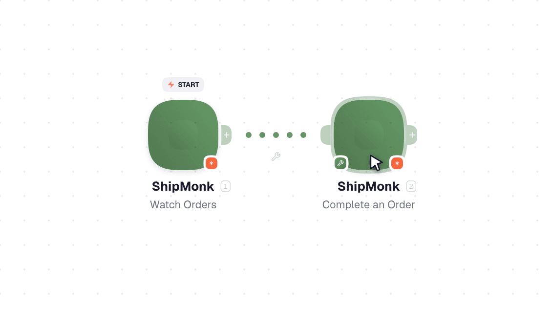 ShipMonk workflow on the canvas: Watch Orders then Complete an Order
