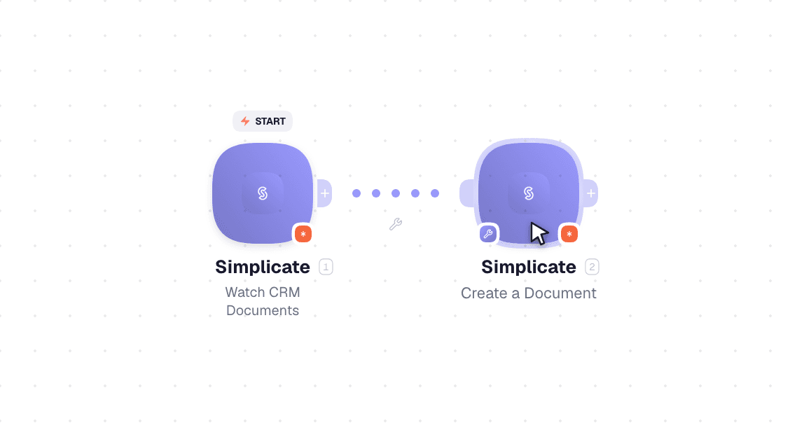 Simplicate workflow on the canvas: Watch CRM Documents then Create a CRM Person
