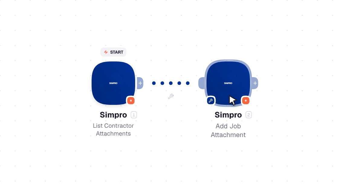 Simpro workflow on the canvas: Watch Events then Add Job Attachment