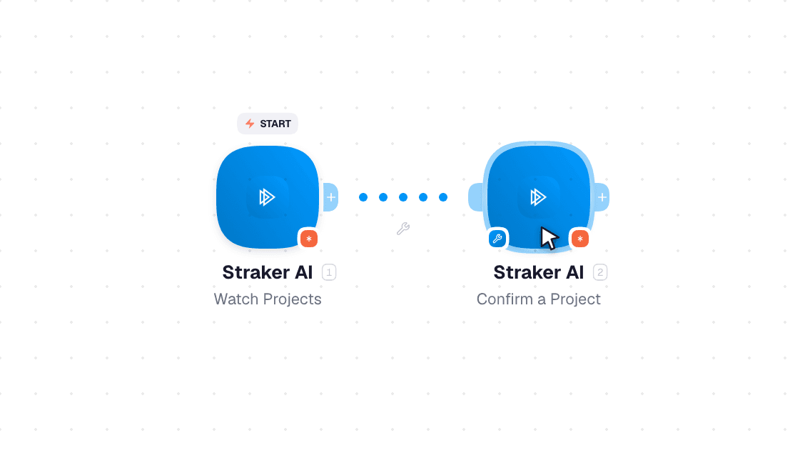 Straker AI workflow on the canvas: Watch Projects then Confirm a Project