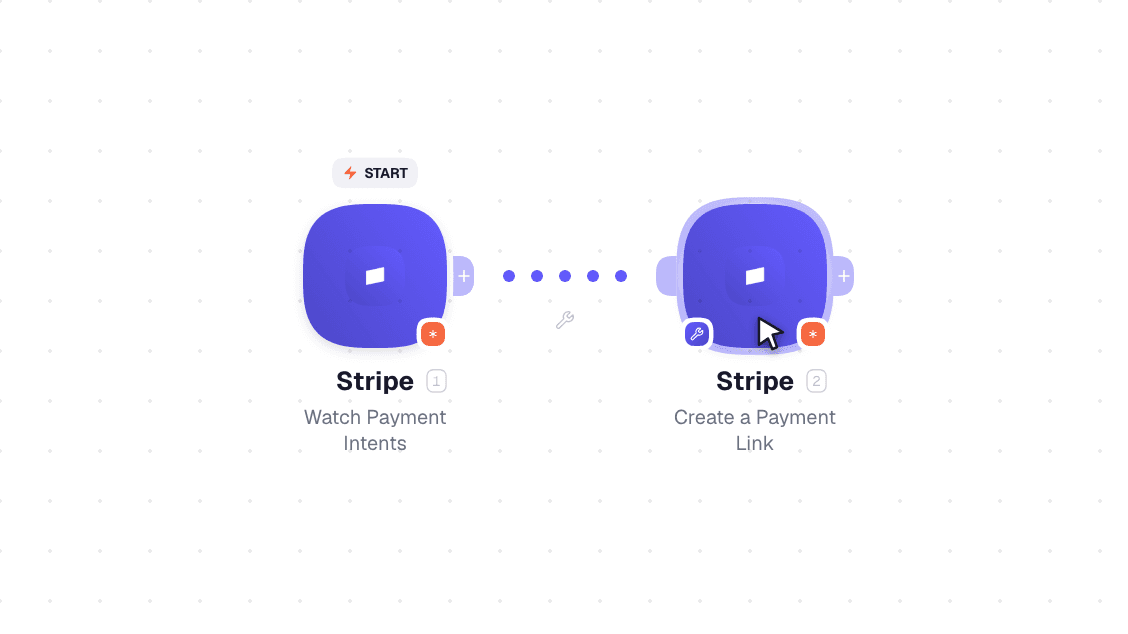 Stripe workflow on the canvas: Watch Payment Intents then Create a Payment Configuration