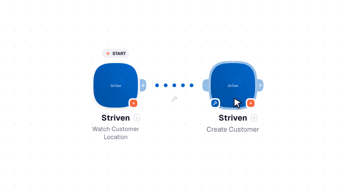 Striven workflow on the canvas: Watch Customer Location then Create Customer