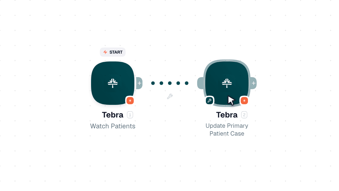 Tebra workflow on the canvas: Watch Patients then Update Primary Patient Case