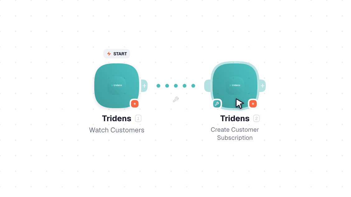Tridens workflow on the canvas: Watch Customers then Create Customer Subscription