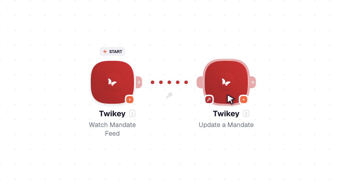 Twikey workflow on the canvas: Watch Mandate Feed then Update a Mandate