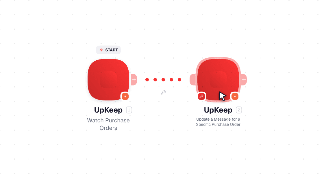 UpKeep workflow on the canvas: Watch Purchase Orders then Create a Work Order