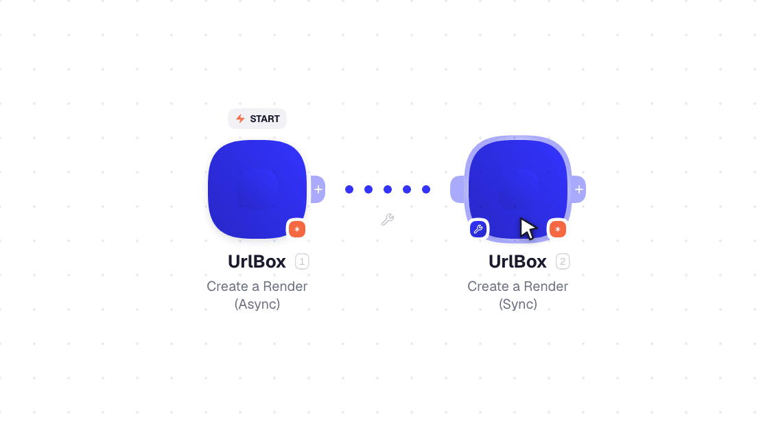 UrlBox workflow on the canvas: Get a Render then Create a Render (Async)