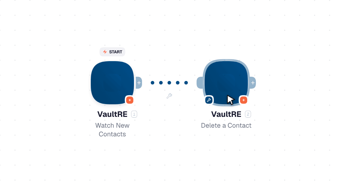 VaultRE workflow on the canvas: Watch New Contacts then Delete a Contact