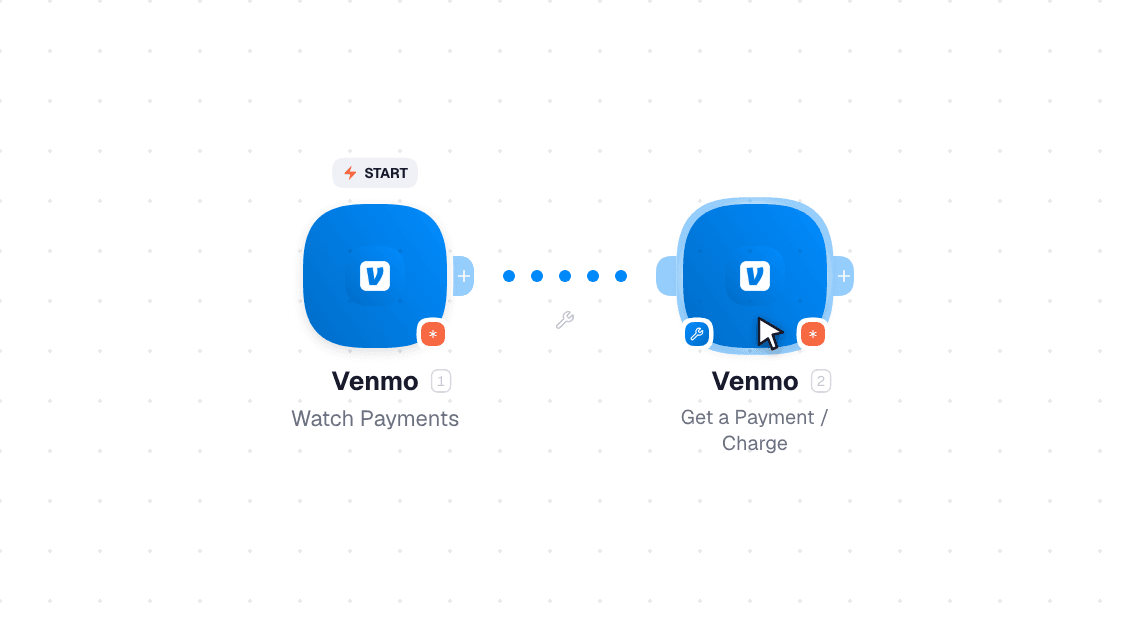 Venmo workflow on the canvas: Watch Payments then Get a Payment / Charge