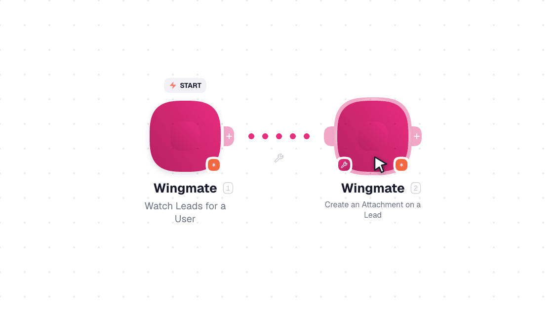 Wingmate workflow on the canvas: Watch Leads for a User then Create a Comment on a Lead