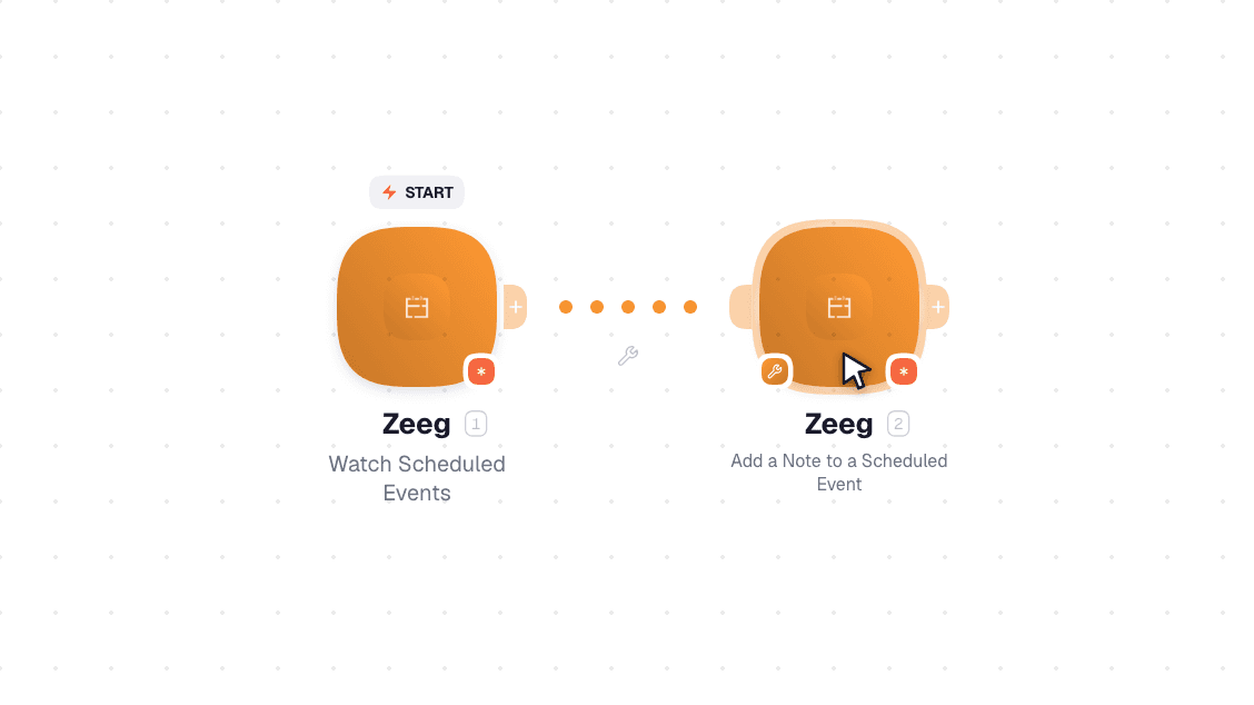 Zeeg workflow on the canvas: Watch Scheduled Events then Add a Note to a Scheduled Event
