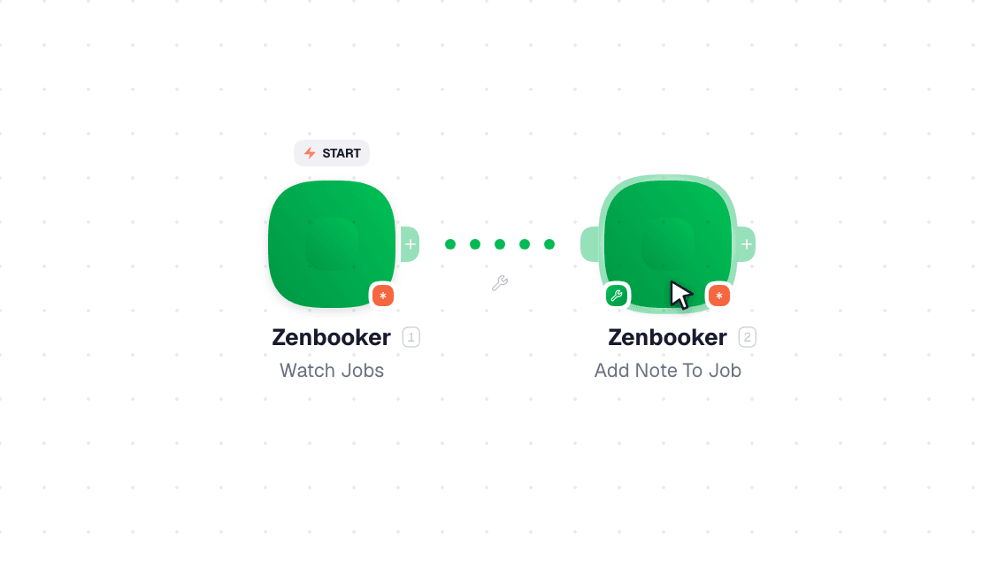 Zenbooker workflow on the canvas: Watch Jobs then Add Note To Job