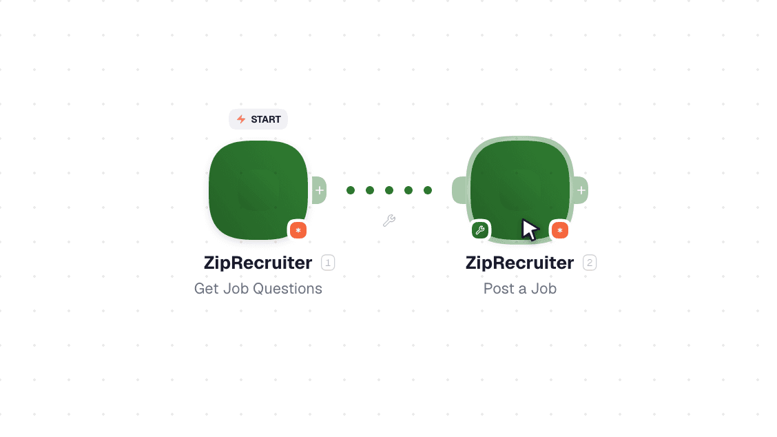 ZipRecruiter workflow on the canvas: Watch Events then Create Job Questions