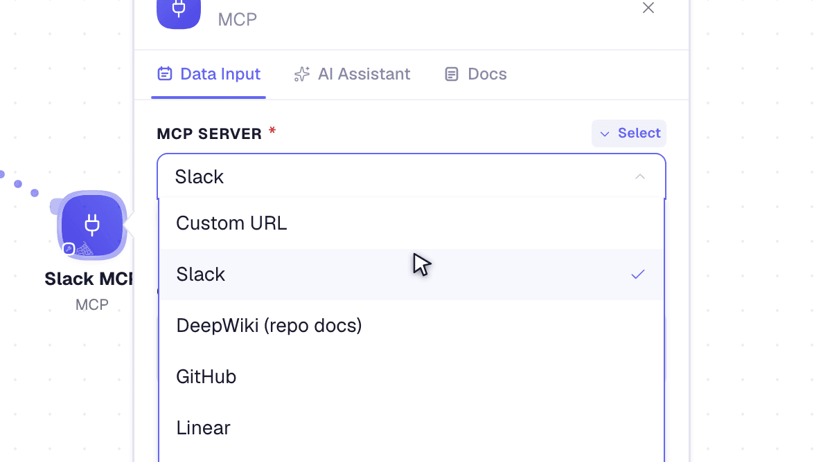 MCP server picker — Slack, DeepWiki, GitHub, Linear and more
