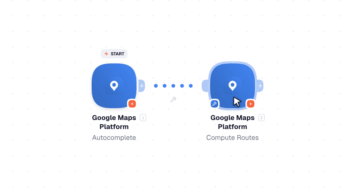 Video slide demonstrates how Autocomplete and Get Place nodes are used in Google Maps Platform workflow.