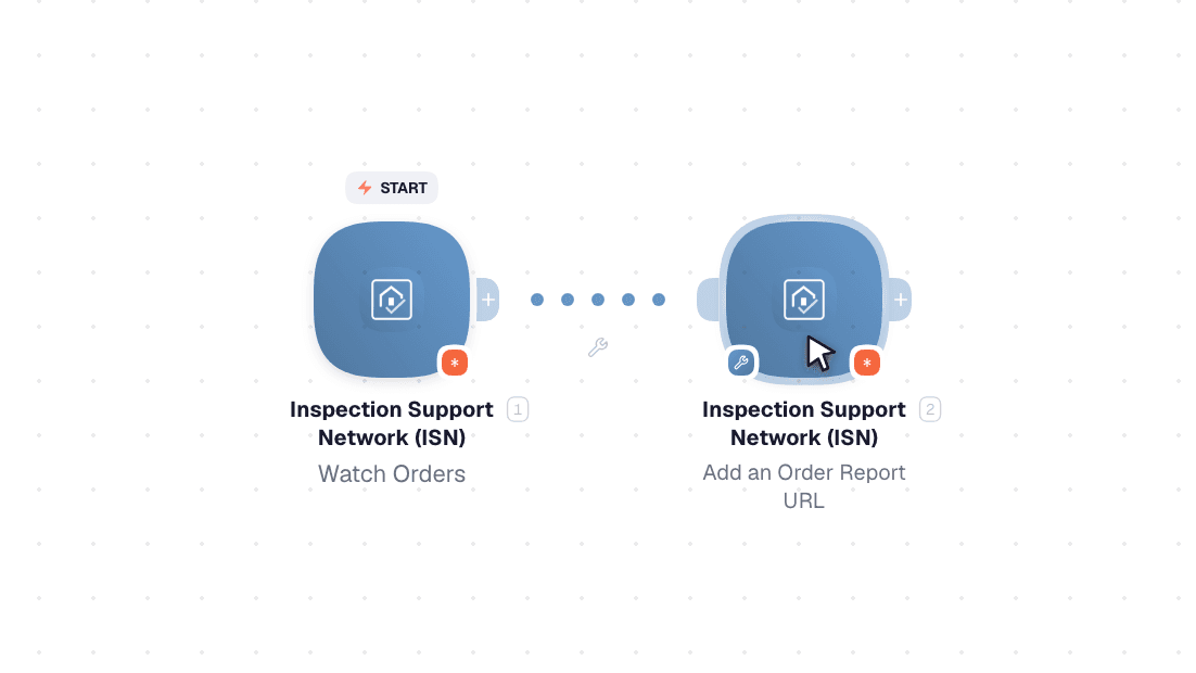 Video slide demonstrates how Watch Orders and Add an Order Report URL nodes are used in Inspection Support Network (ISN) workflow.