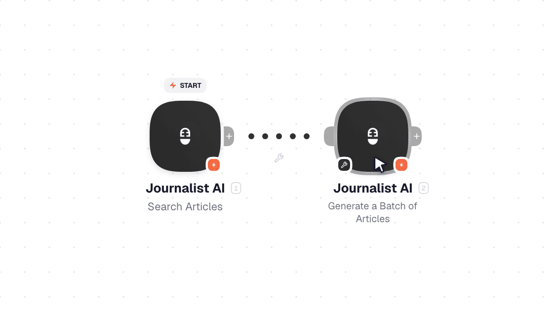 Video slide demonstrates how Search Articles and Generate a Batch of Articles nodes are used in Journalist AI workflow.
