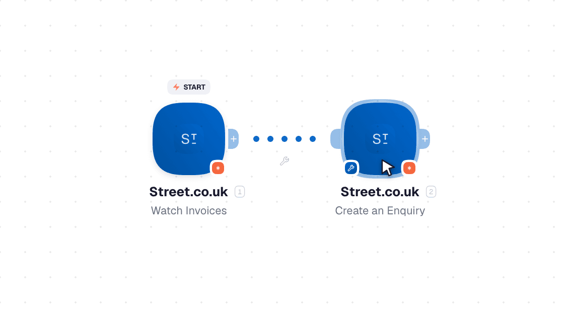 Video slide demonstrates how Watch Invoices and Create a Follow-Up nodes are used in Street.co.uk workflow.