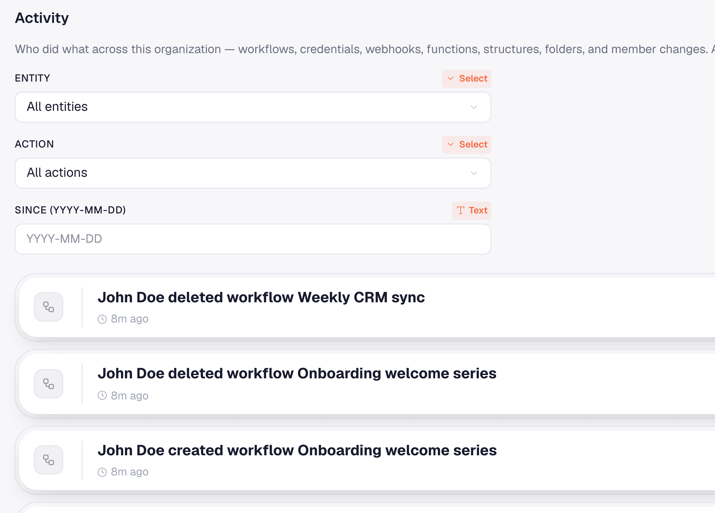 Organization activity feed listing recent audit events