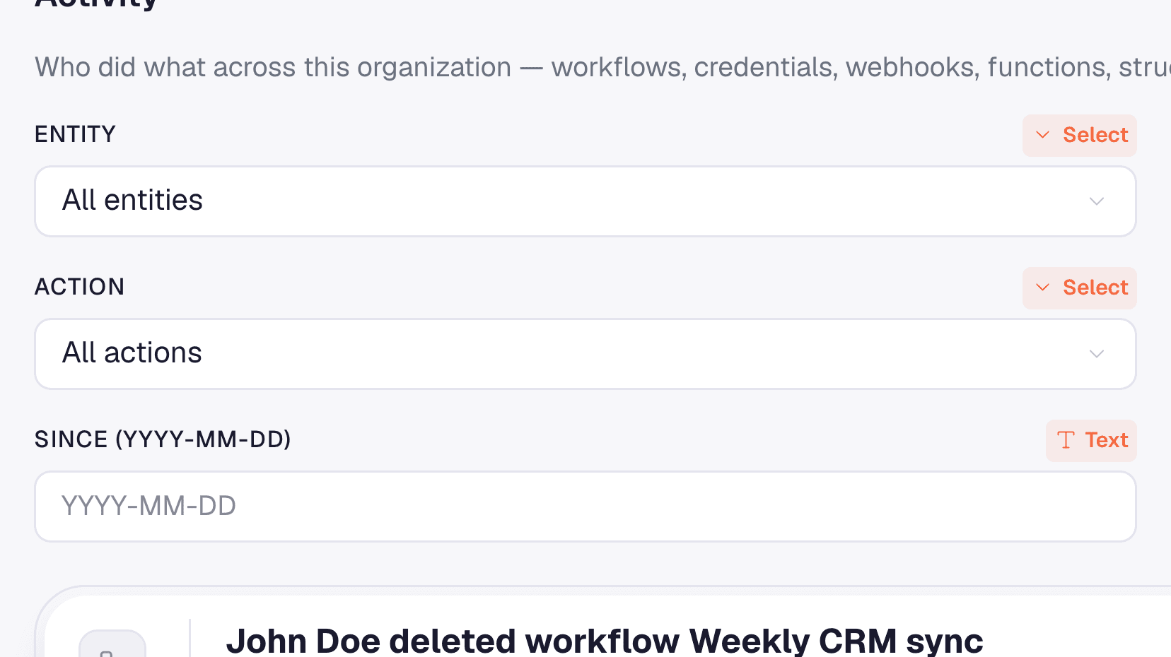 Activity log filters and feed controls