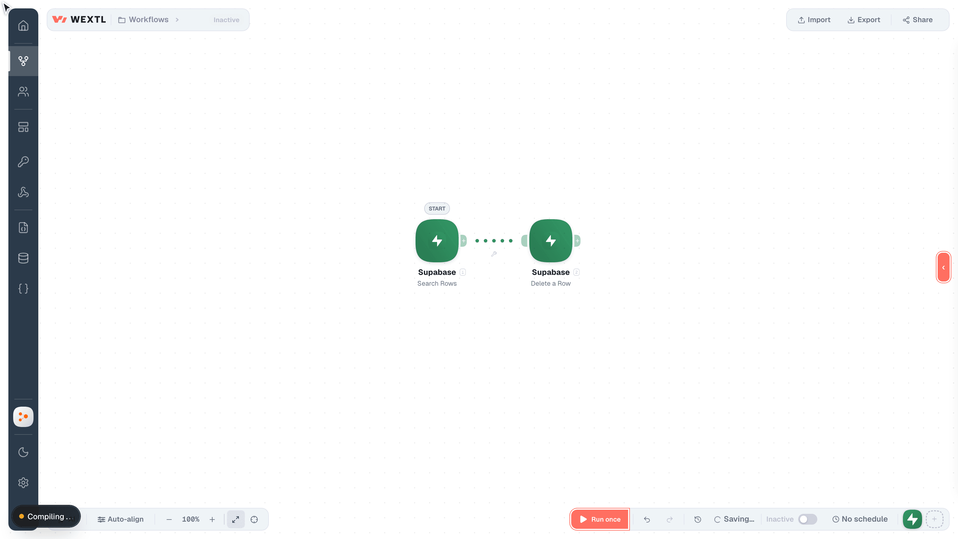 Visual workflow canvas with a loop and connected Supabase app nodes