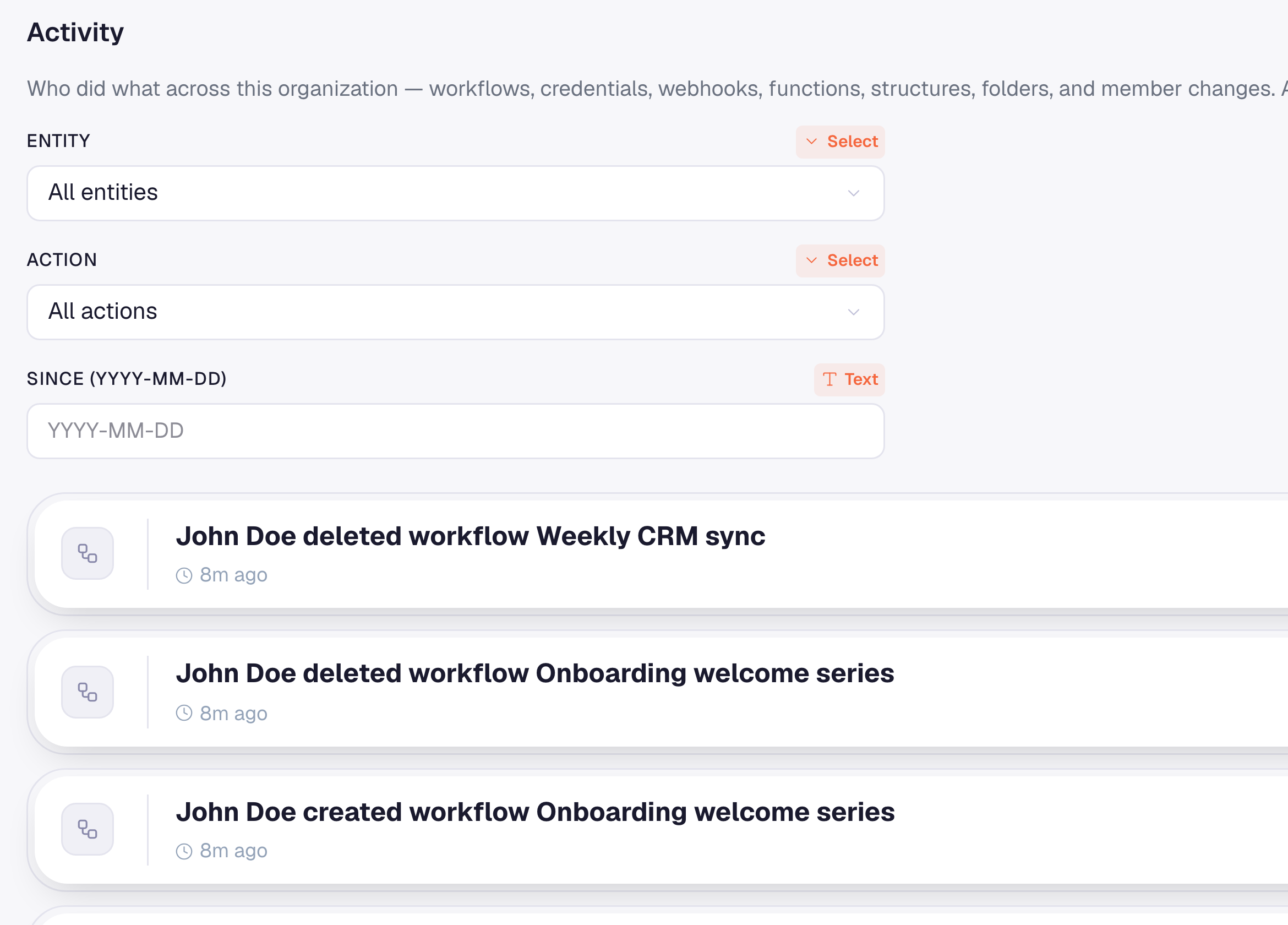 Organization activity feed listing recent audit events