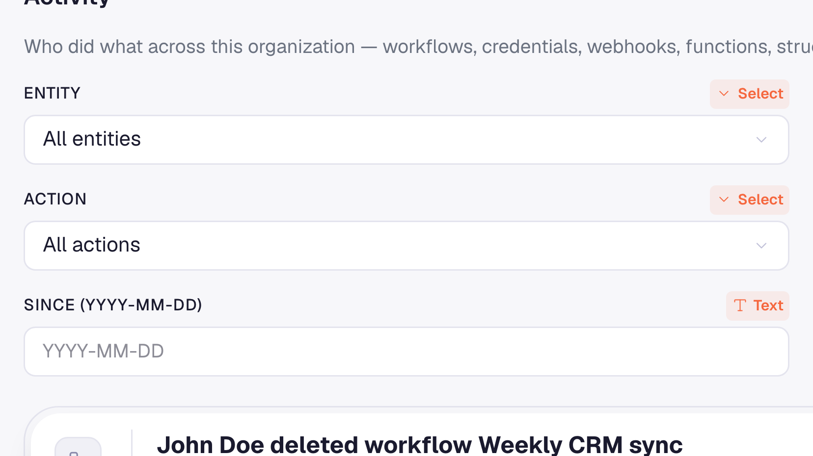 Activity log filters and feed controls