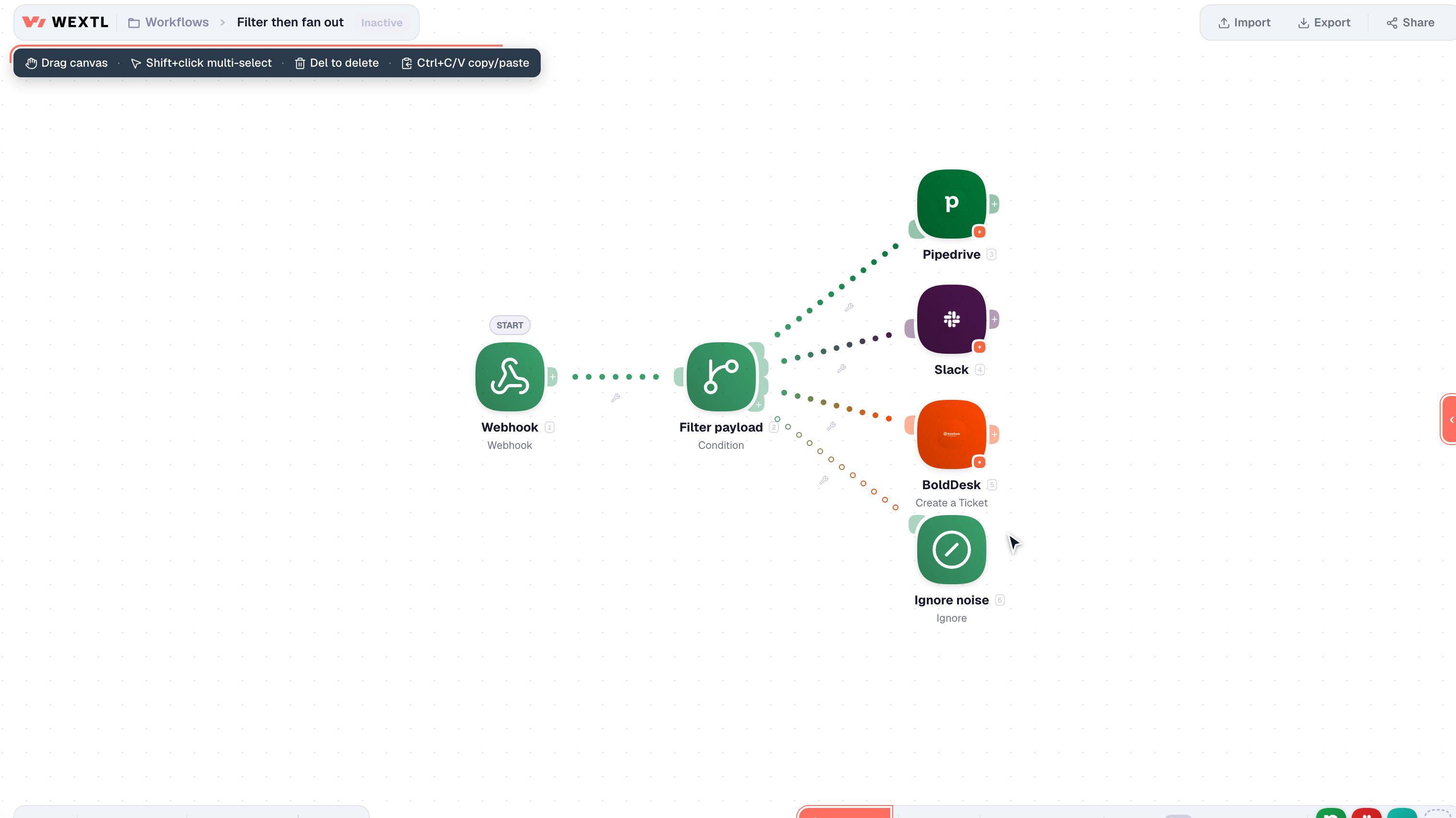 Webhook trigger filtering into Pipedrive, Slack, BoldDesk, or ignore