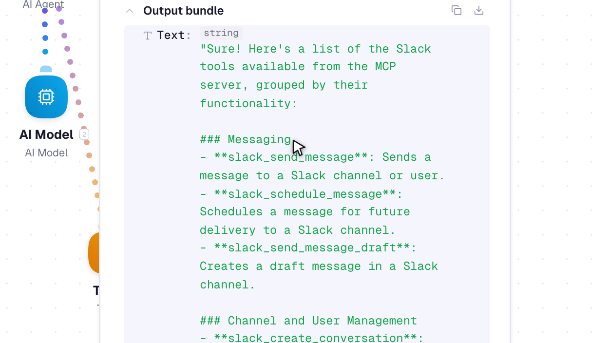 AI Agent running with a Slack MCP tool server — its tools in the run result