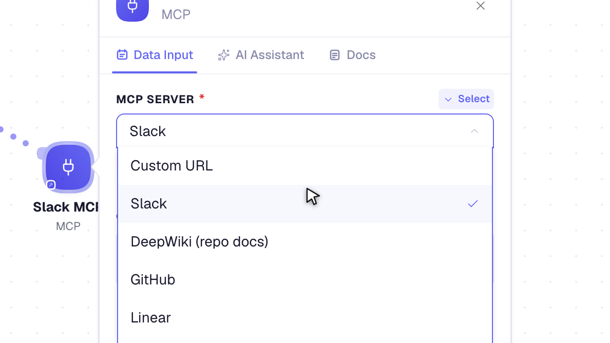 MCP server picker — Slack, DeepWiki, GitHub, Linear and more