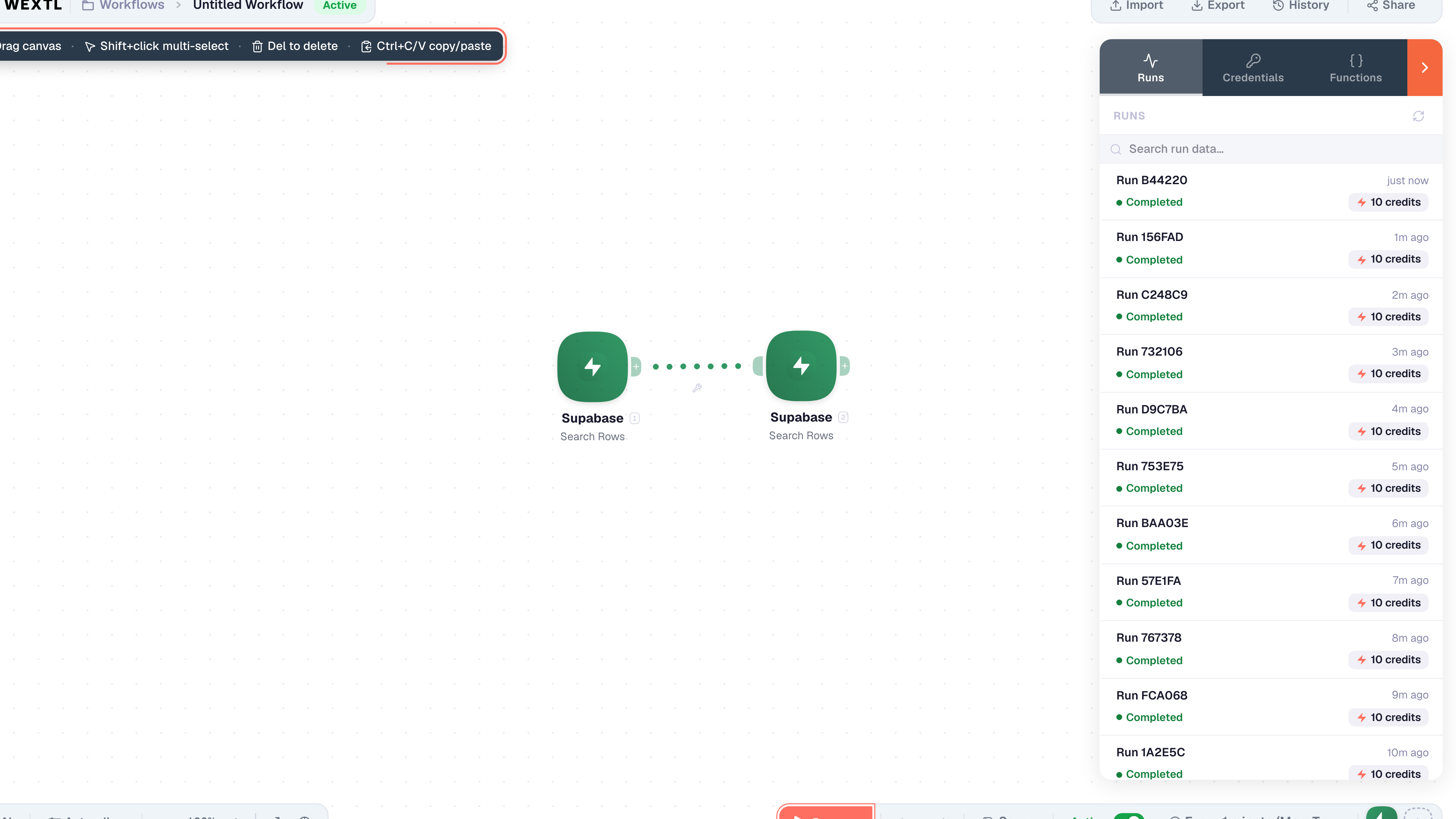Runs sidebar listing recent workflow executions with status badges