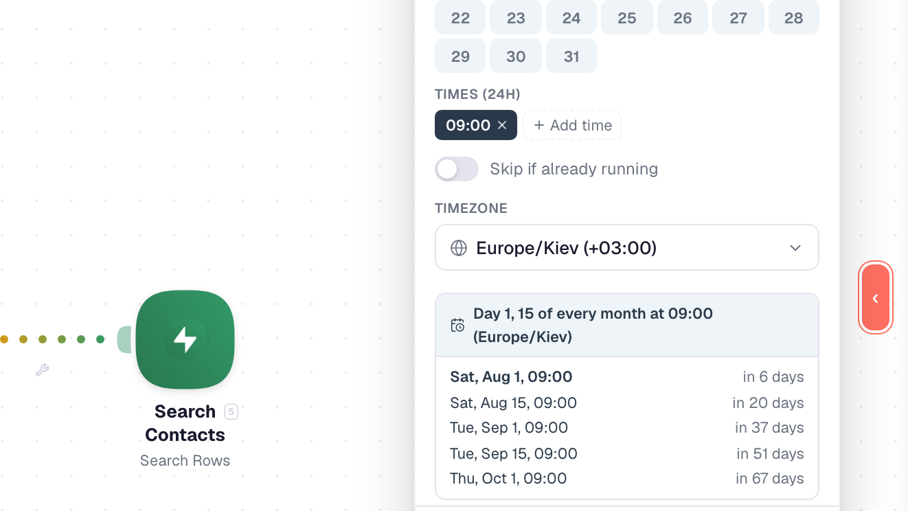 Calendar cadence — day 1 and 15 of every month at 09:00