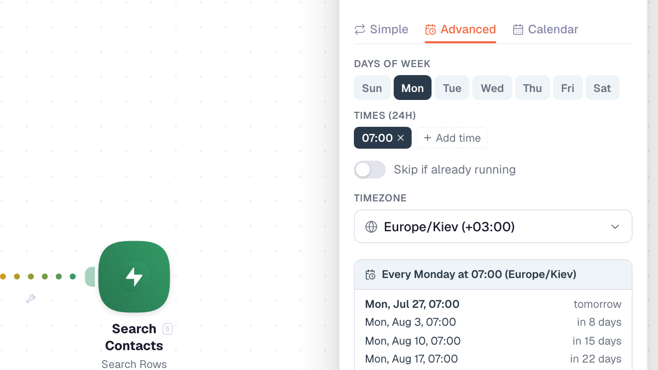 Schedule popover on the canvas — every Monday at 07:00