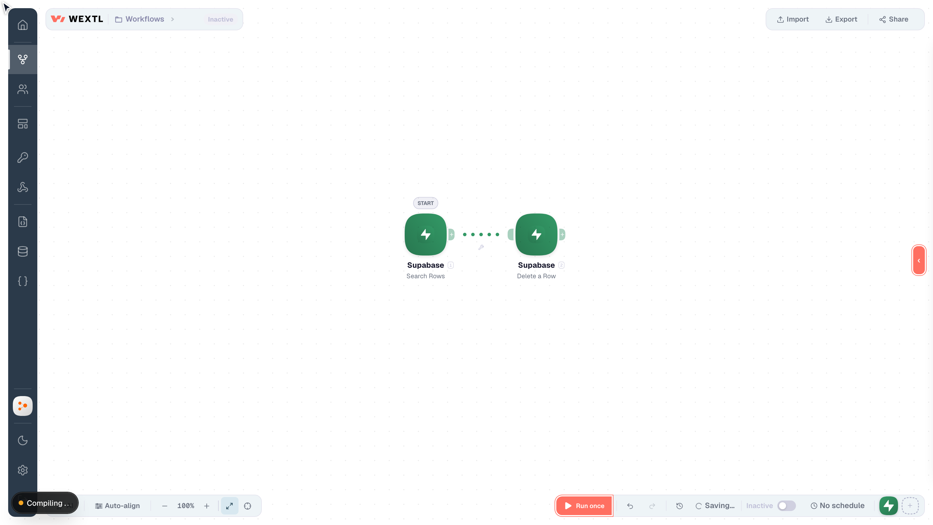 Visual workflow canvas with a loop and connected Supabase app nodes