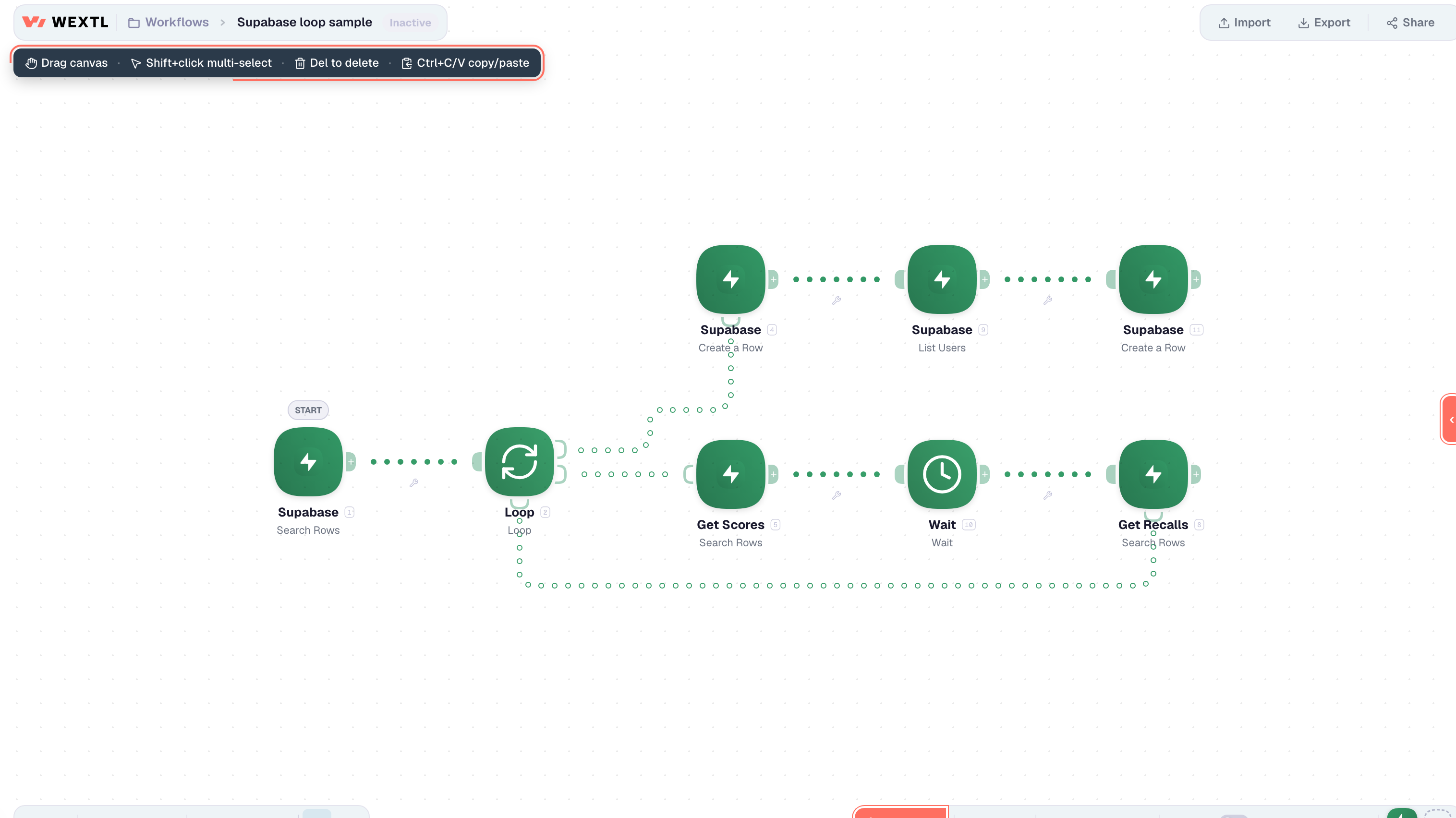 Workflow canvas showing a loop body with visible exit paths